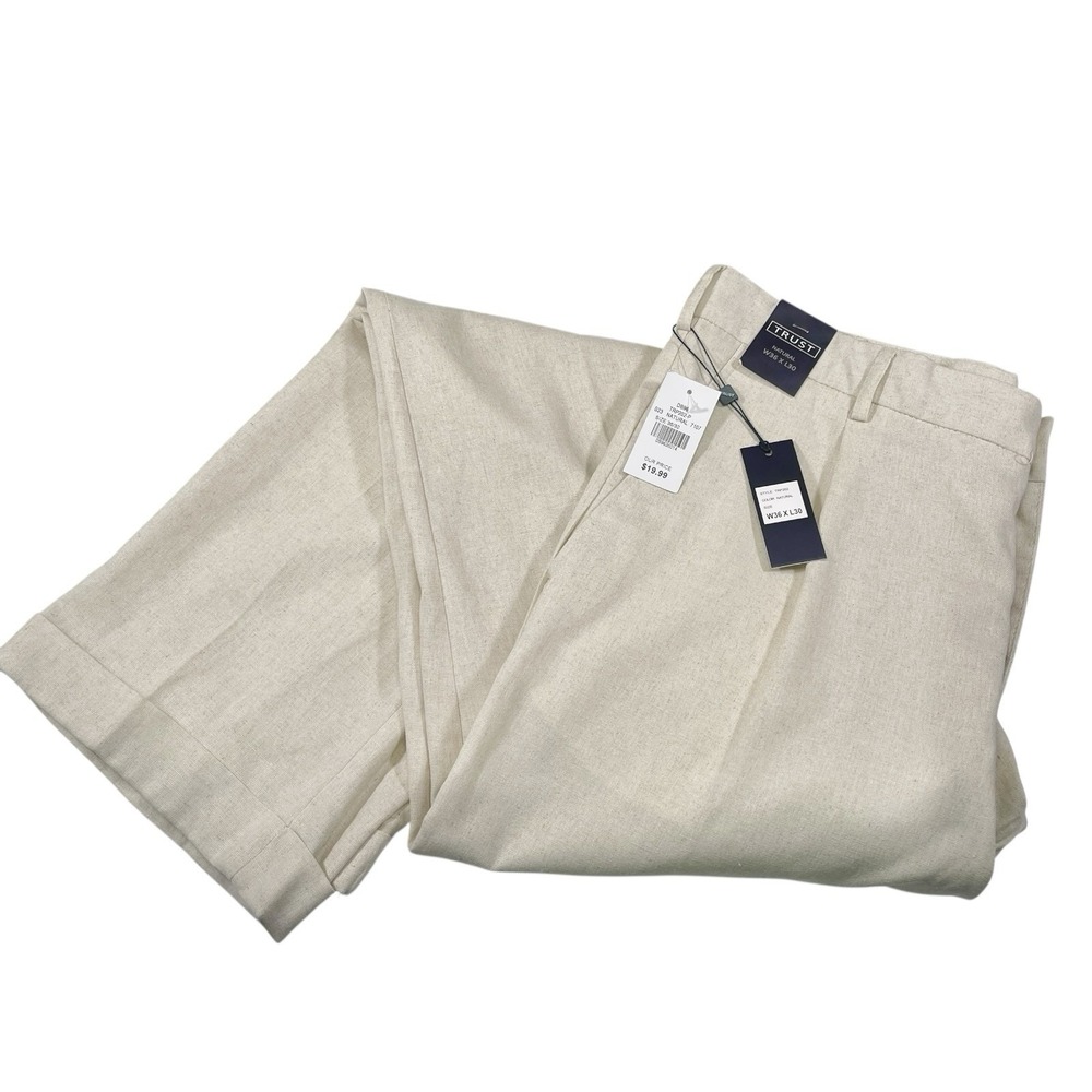 Trust‎ W36 Natural Linen Blend Pleated Wide Leg Cuffed Trousers Coastal Grandma